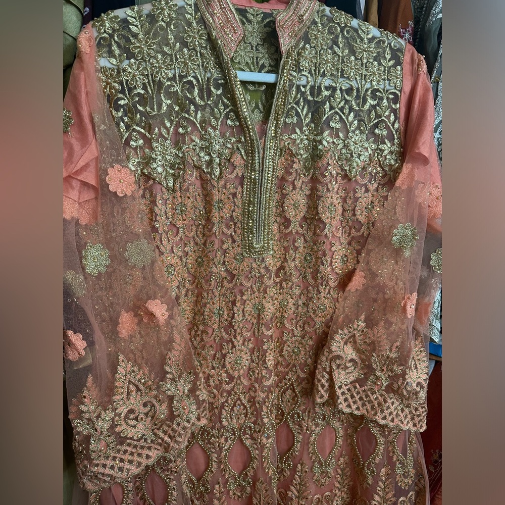Elegant Gold and Peach Embroidered Dress